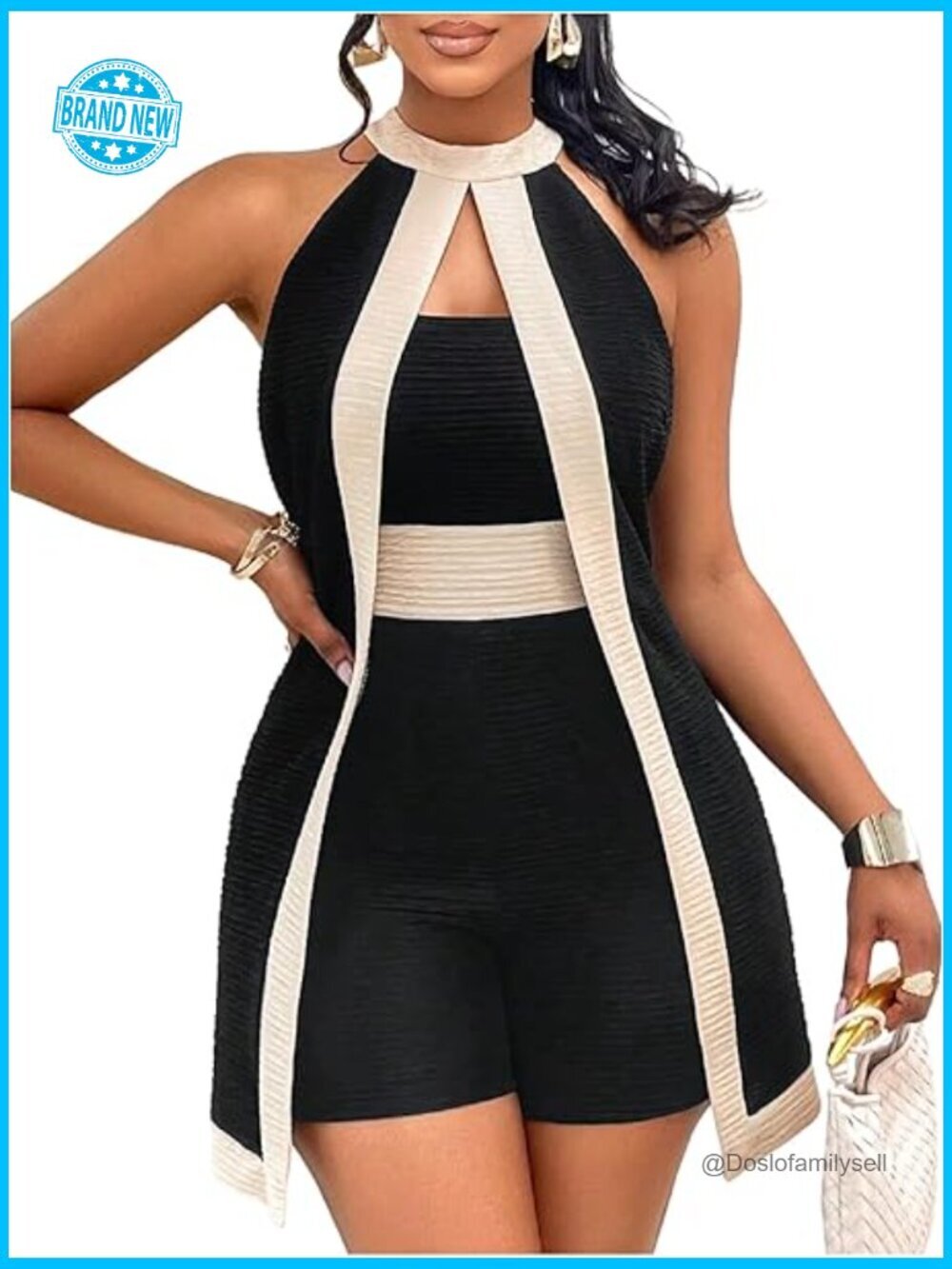 Elegant Color Block Halter Romper Summer Sleeveless Cocktail Party Short